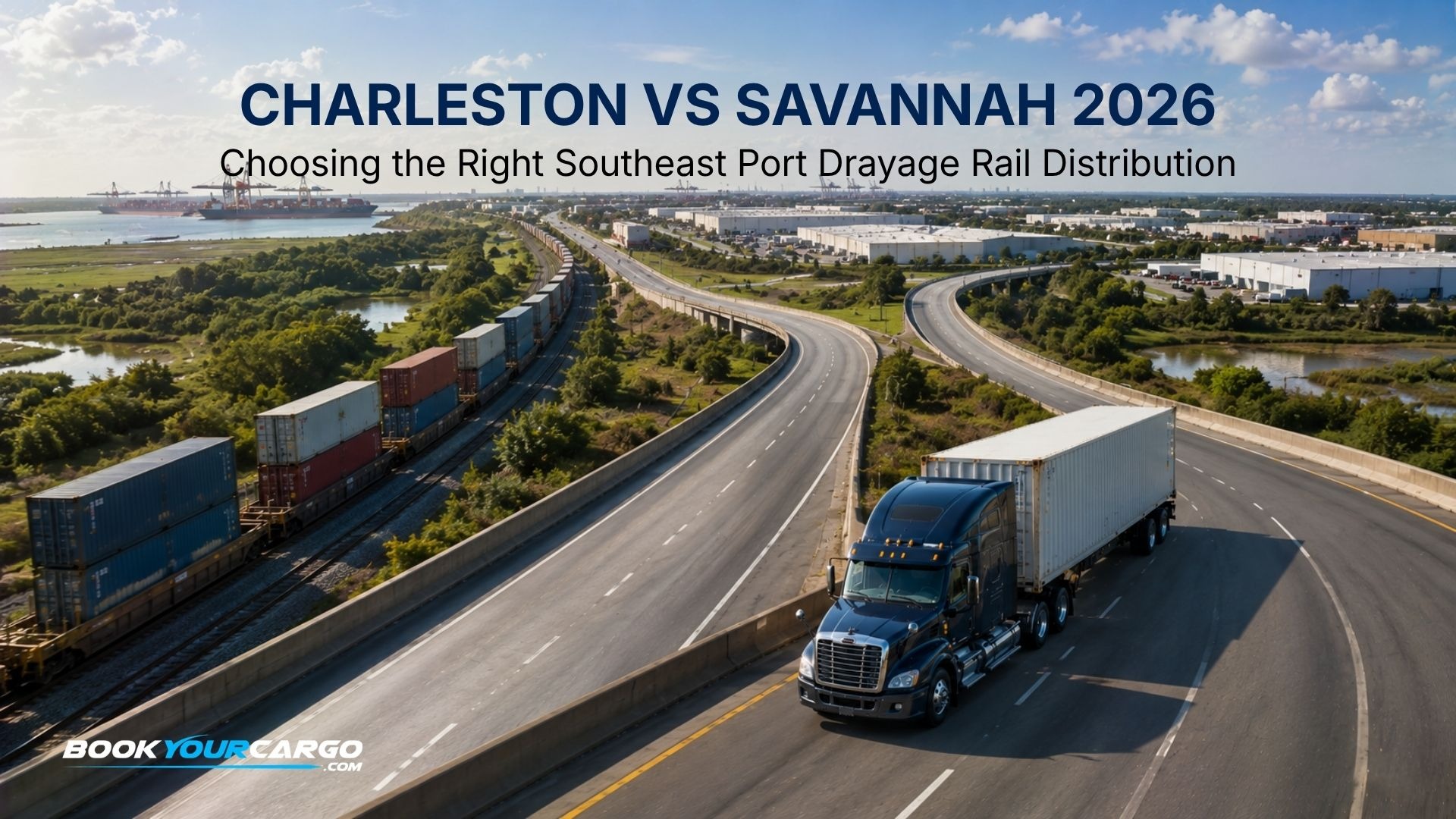 Charleston versus Savannah Southeast port strategy with container trucks, Wando Welch Terminal, Garden City Terminal, inland rail connections, distribution centers, and drayage routing decisions for 2026 import cargo.