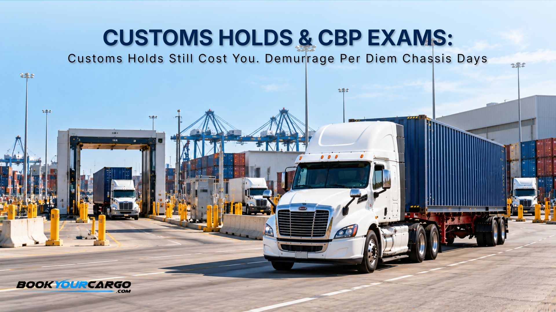 Customs holds and CBP exams in container drayage with containers waiting at terminal, CBP hold status, VACIS exam, tailgate exam, intensive exam, examination station transfer, free time exposure, demurrage, per diem, chassis days, and release-triggered dispatch.