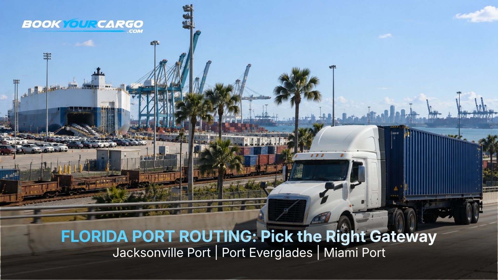 Florida container gateway routing with moving drayage trucks at JAXPORT, Port Everglades, and PortMiami, covering Puerto Rico trade, Caribbean and Latin American cargo, perishables, automotive roll-on freight, inland rail, and statewide port selection.