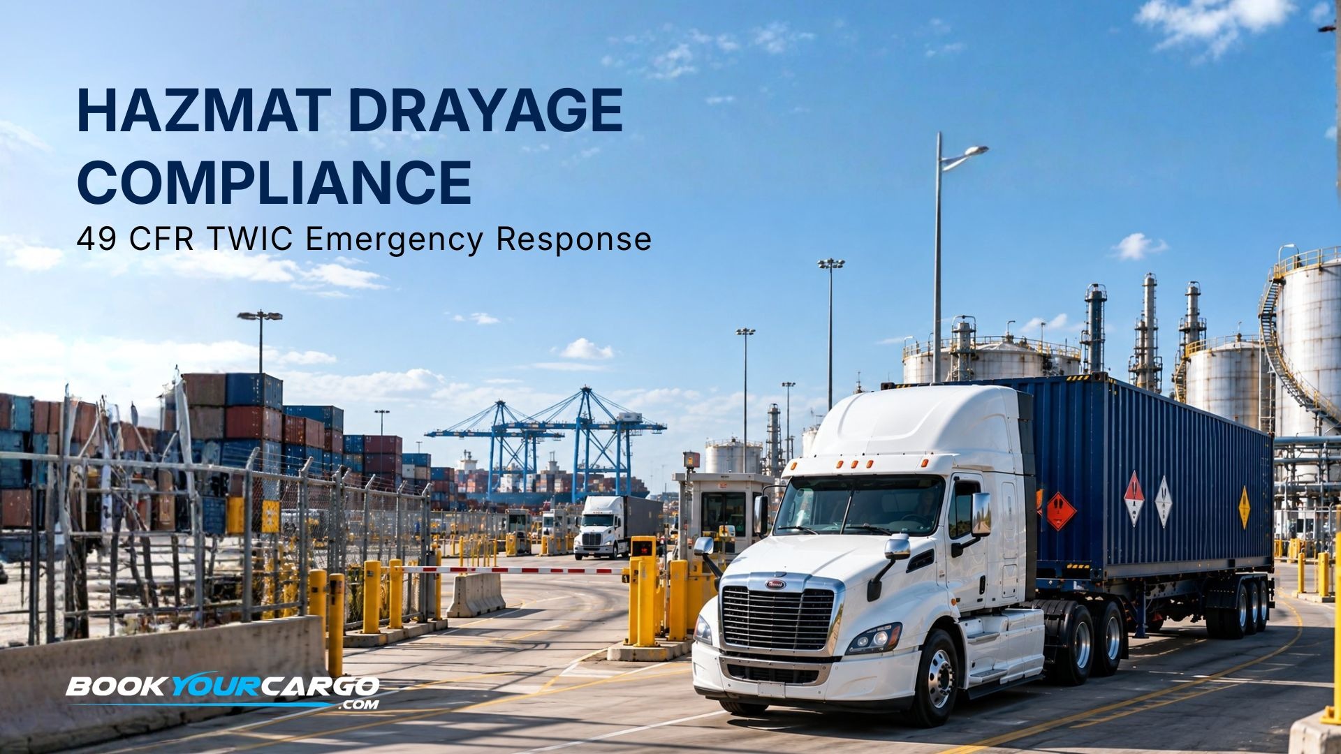 Hazmat and chemical container drayage with placarded containers, moving drayage trucks, 49 CFR compliance, driver endorsements, TWIC access, shipping papers, emergency response information, security planning, and terminal gate verification.