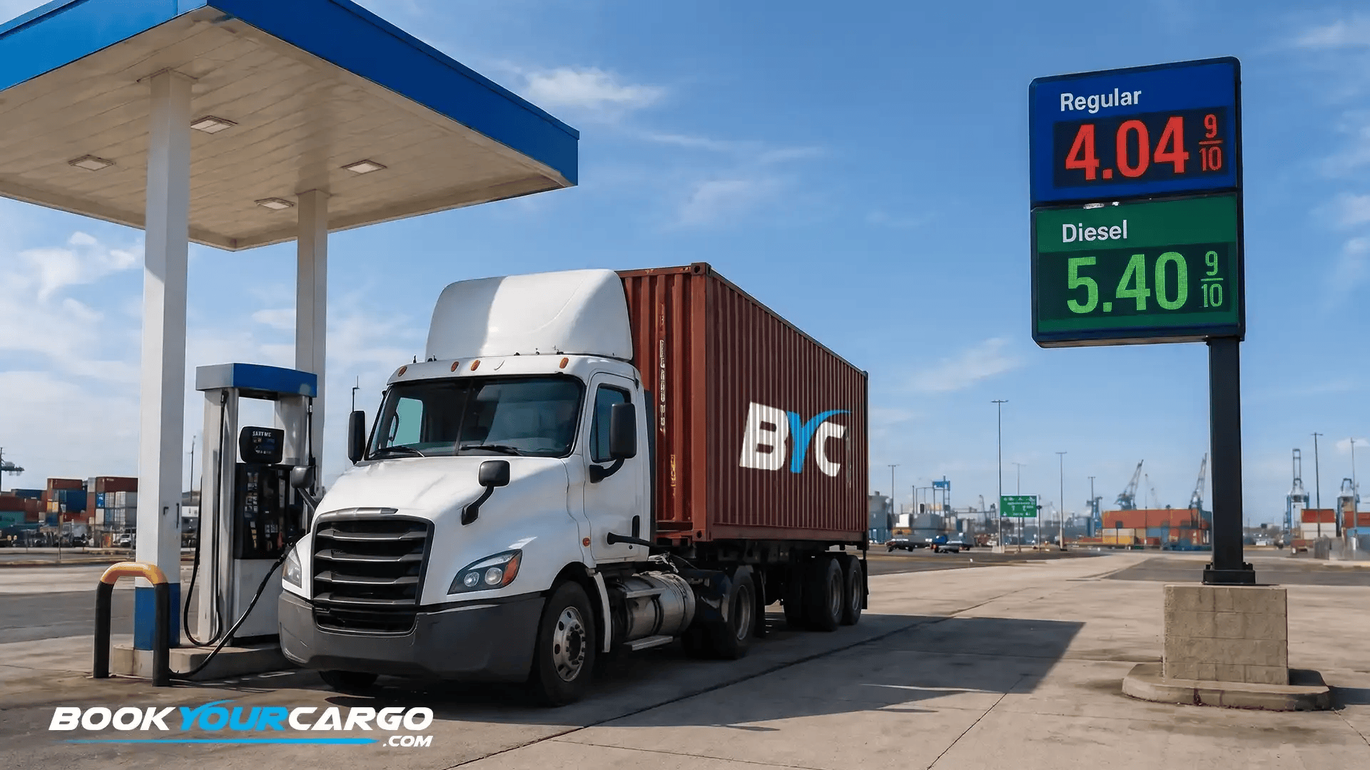 Hormuz crisis impact on U.S. ports showing container congestion, drayage trucks, and rising fuel costs affecting inland logistics