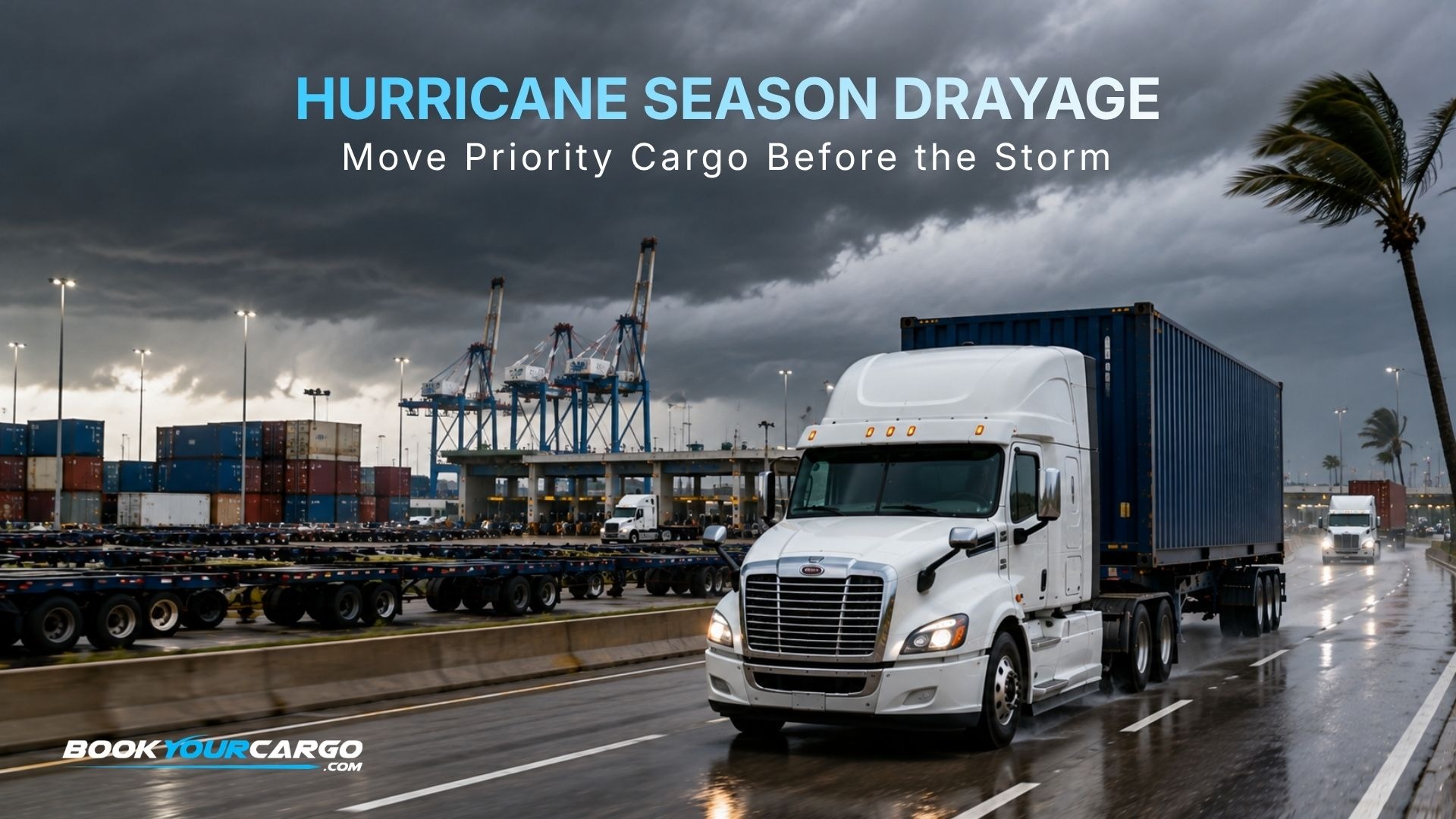 Hurricane season drayage contingency at Gulf and Southeast ports with moving container trucks, storm clouds near port terminals, pre-landfall cargo pulls, yard staging, alternate gateway routing, demurrage documentation, and post-storm recovery planning.