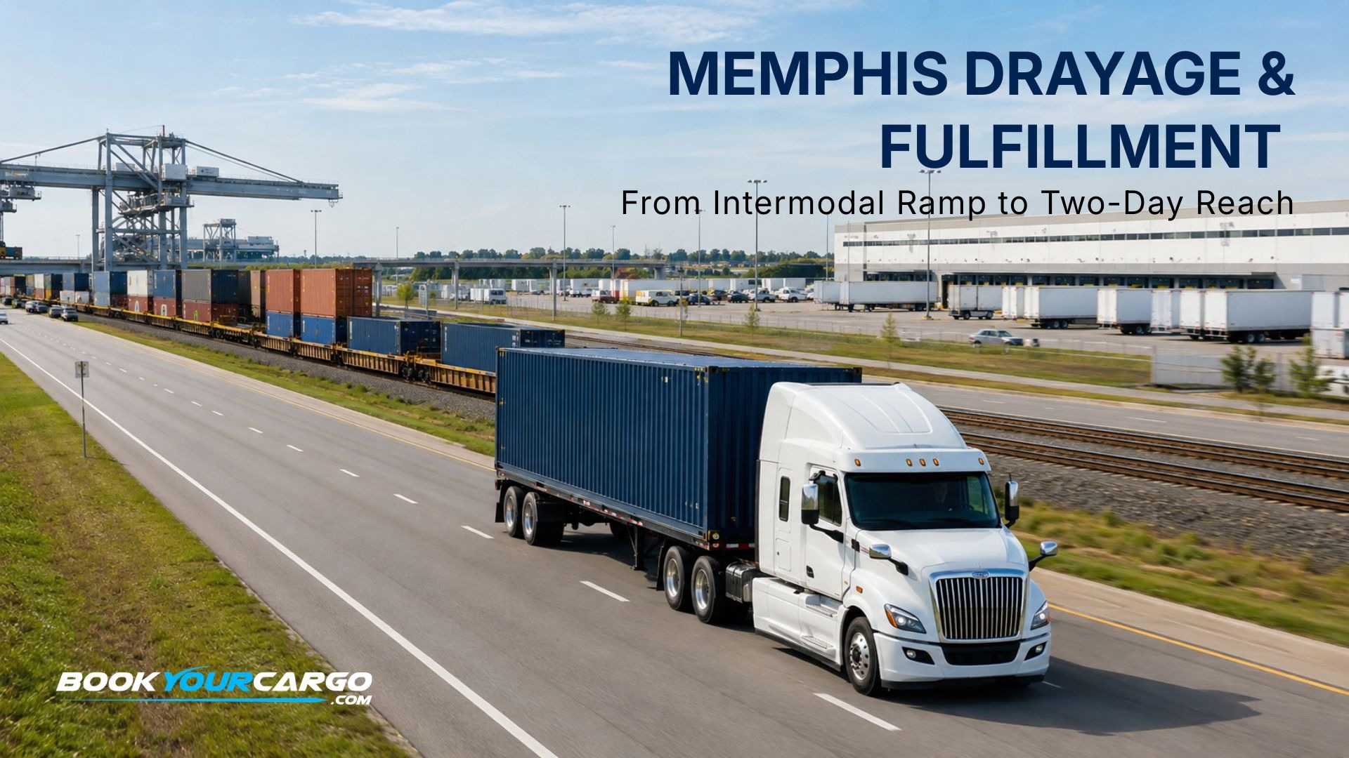 Memphis distribution center drayage and fulfillment with moving container trucks, intermodal rail ramps, five Class I railroad access, transload facilities, coastal gateway routing, rail free time control, and two-day national distribution reach in 2026.