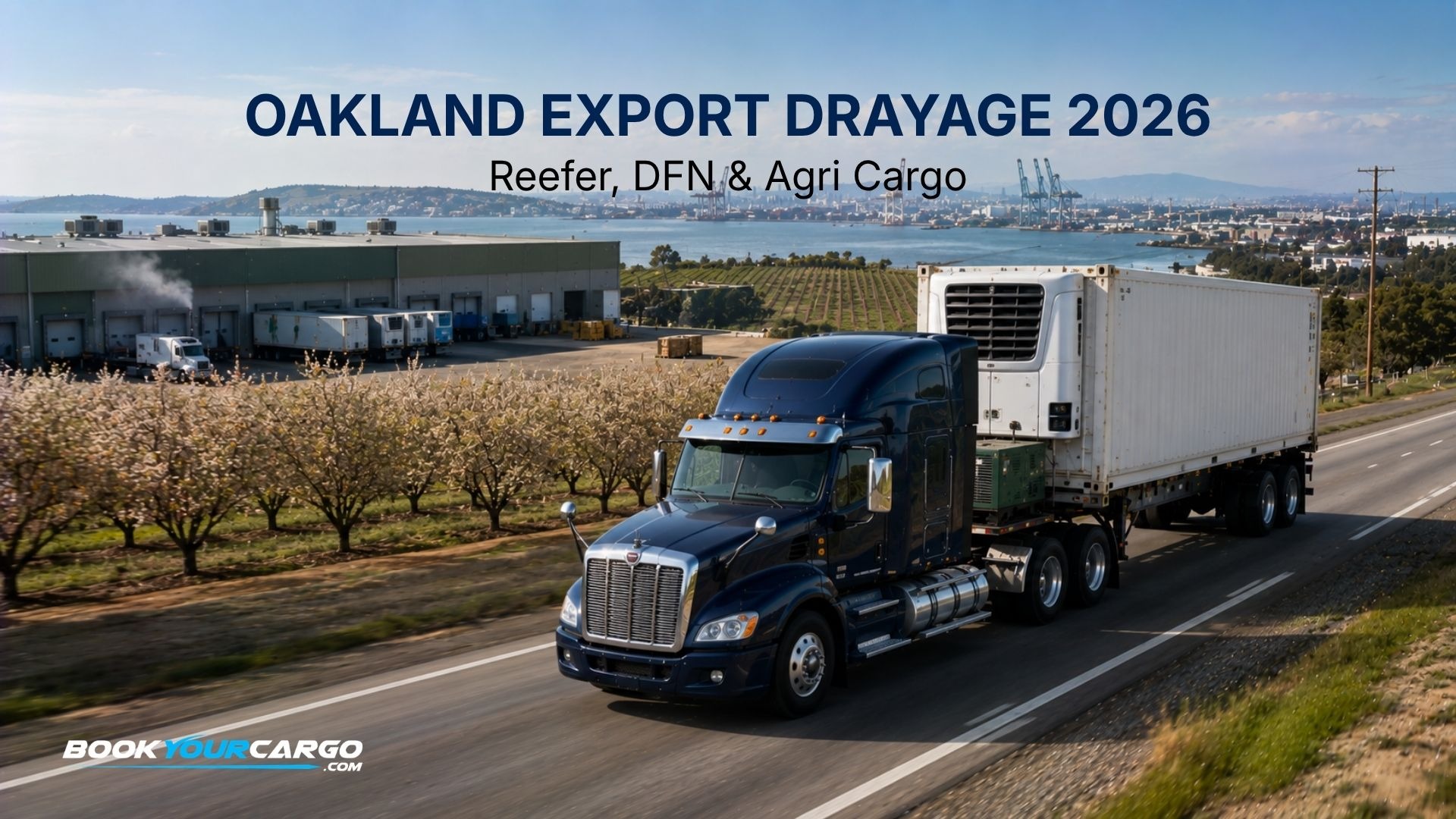 Port of Oakland export drayage with reefer containers, DFN dried fruit and nut cargo, agricultural commodity exports, Central Valley empty repositioning, CARB-compliant trucks, Oakland terminals, and export cargo movement in 2026.