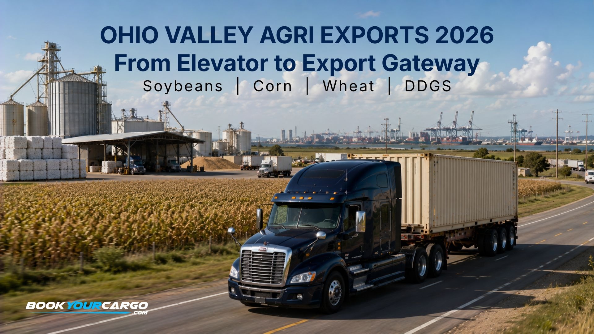 Ohio Valley agricultural commodity export drayage with moving container trucks, soybeans, corn, wheat, soybean meal, DDGS, grain elevators, bulk-to-container transload, inland intermodal rail, empty container positioning, and export gateway routing in 2026.