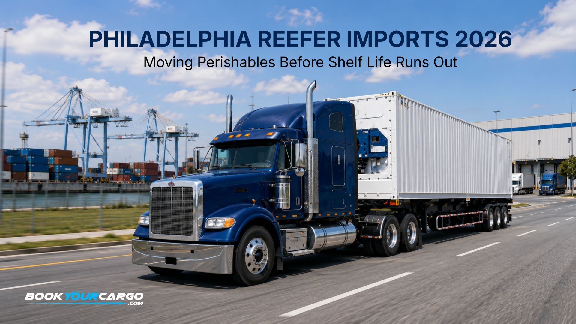 Port of Philadelphia reefer and perishable import drayage with refrigerated containers, moving gen-set trucks, Packer Avenue Marine Terminal reefer plugs, agricultural inspection, cold storage delivery, winter fruit season surge, and shelf-life protection in 2026.