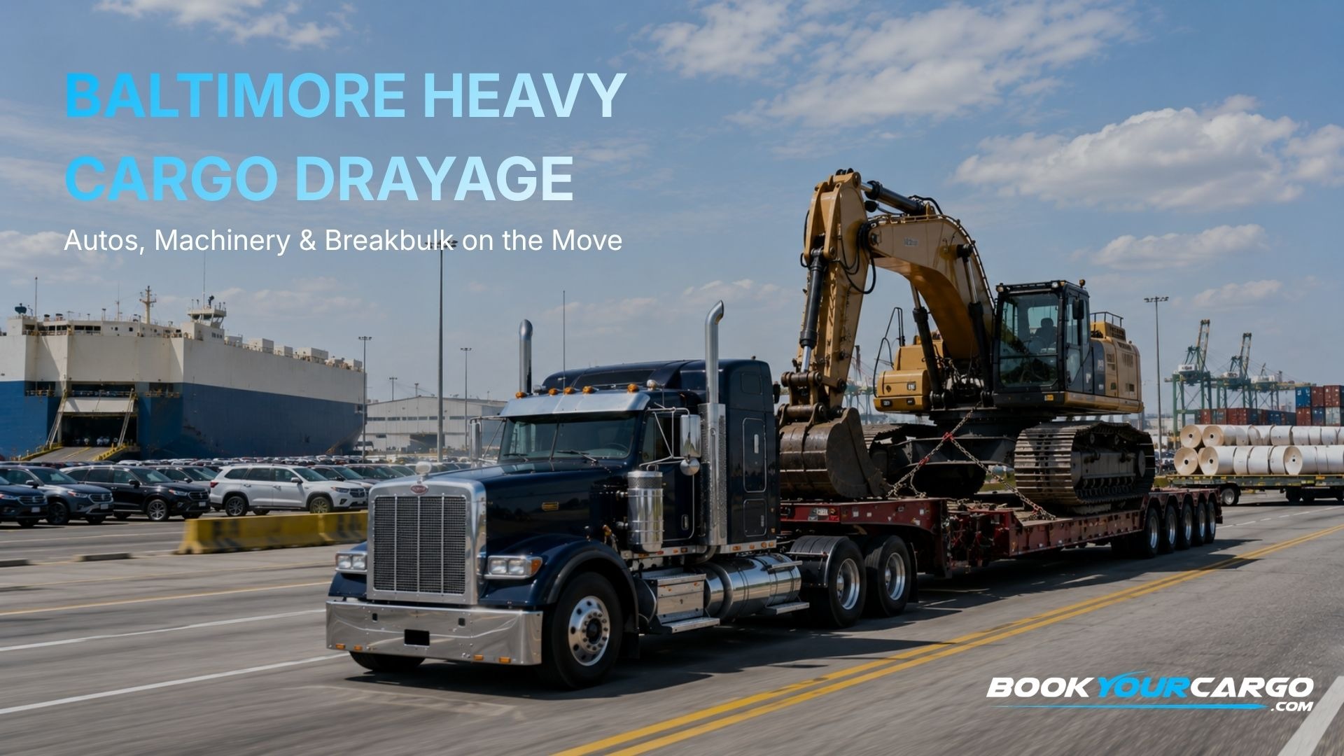 Port of Baltimore drayage for autos, machinery, ro/ro, breakbulk, and heavy cargo with moving heavy-haul trucks, oversized equipment, Dundalk Marine Terminal, Seagirt container drayage, permits, specialized trailers, forest products, and Mid-Atlantic inland delivery in 2026.