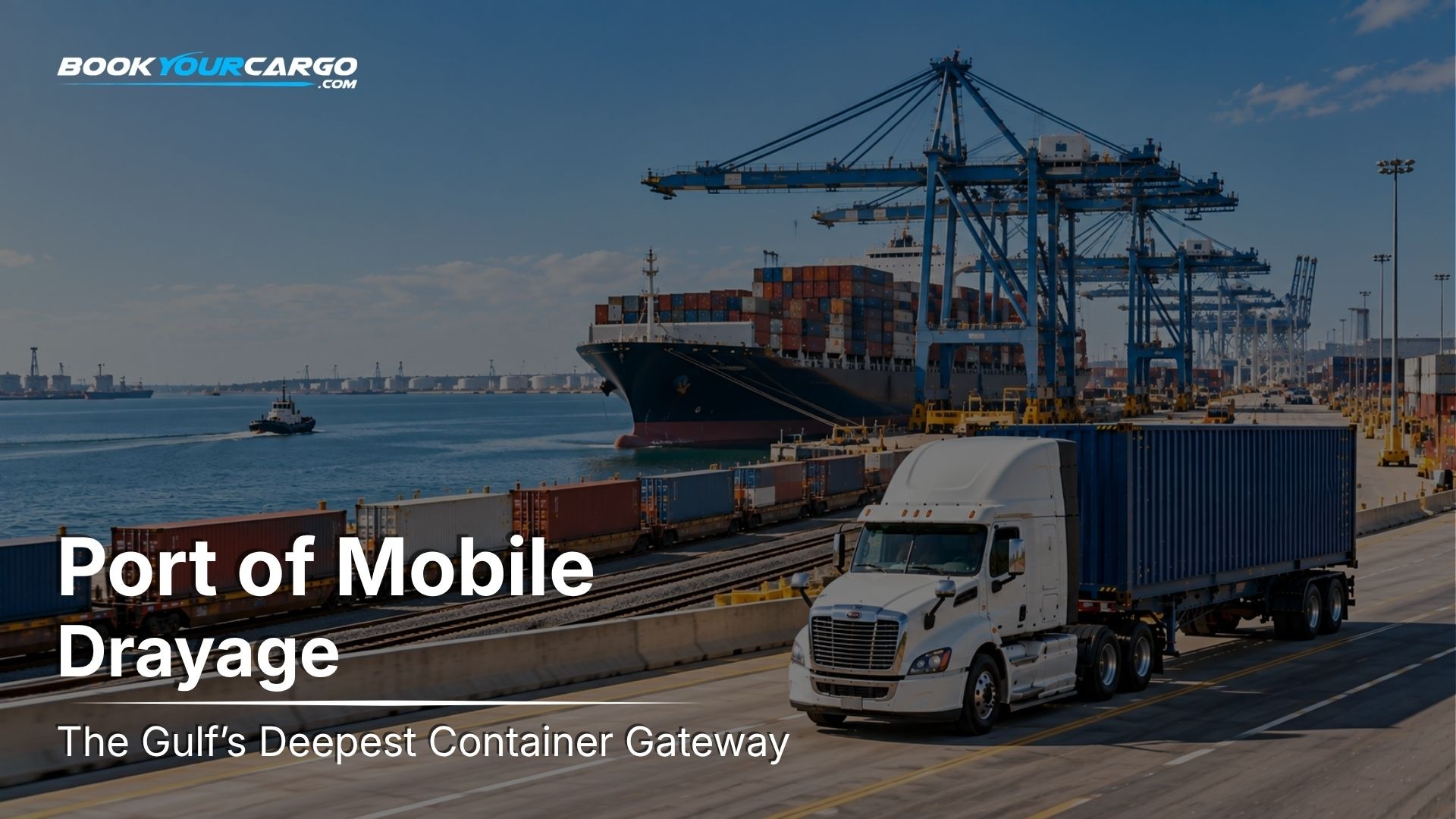 Drayage at the Port of Mobile, the Gulf's deepest container gateway, with container trucks, terminal cranes and inland container moves.