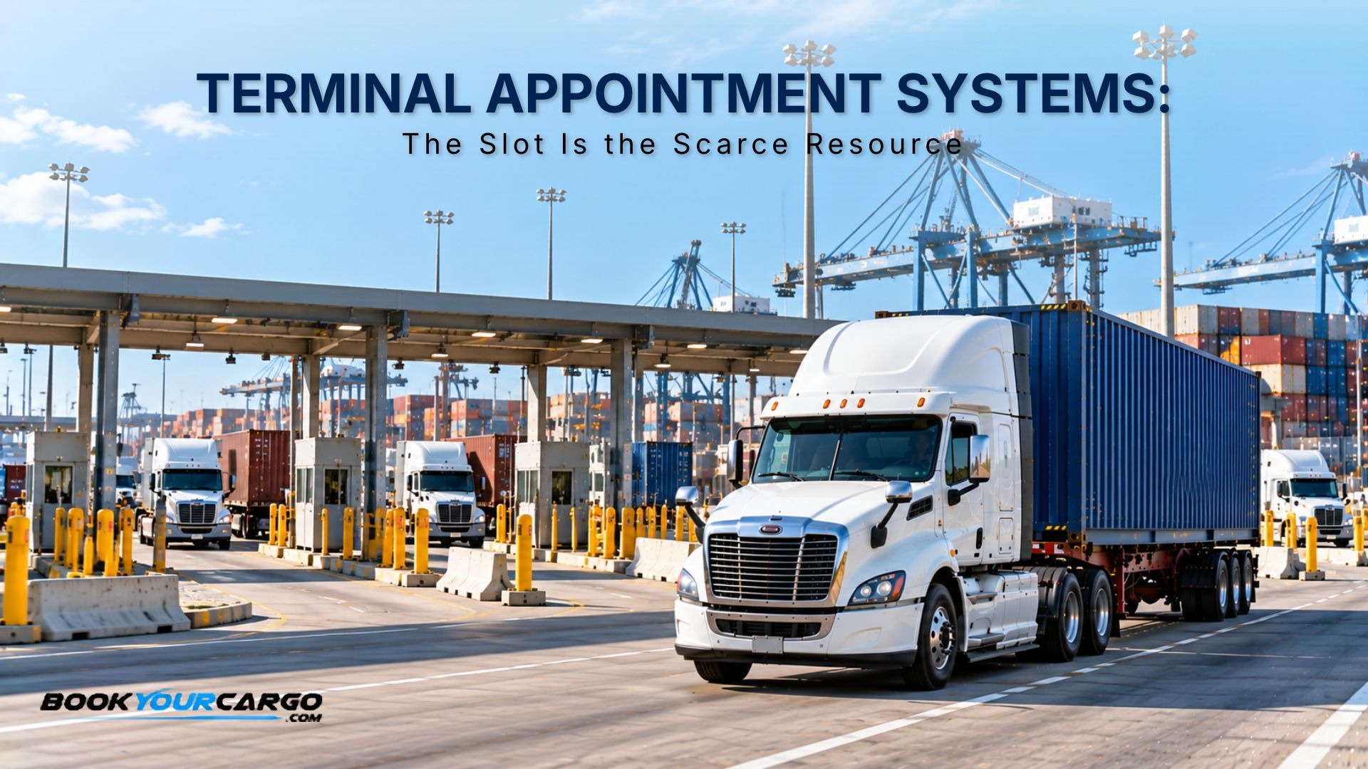 Terminal appointment systems in drayage with moving container trucks, terminal gate slots, chassis alignment, release windows, dual transactions, appointment scarcity, free time control, and demurrage prevention.