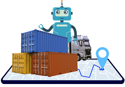 A robot, map, truck, and cargo containers