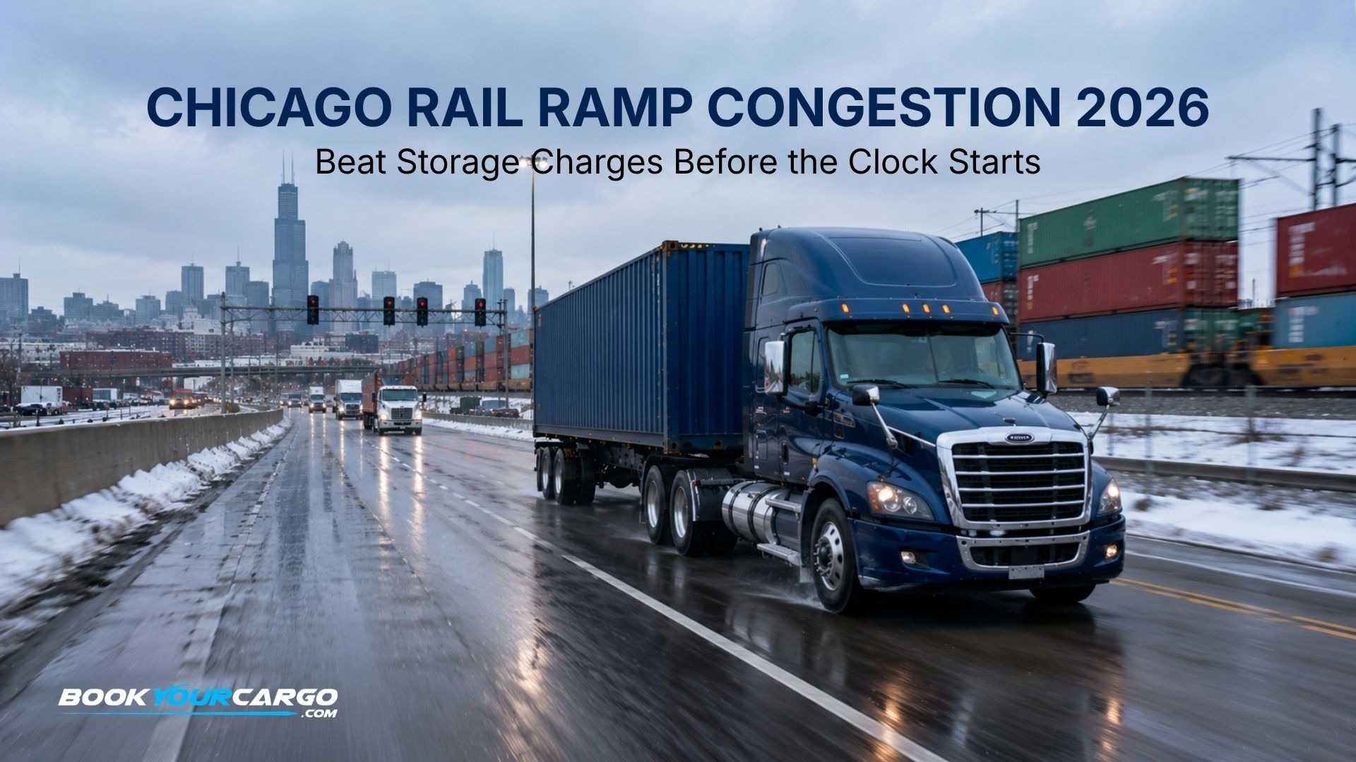 Chicago intermodal rail ramp congestion with container trucks, rail ramps, stacked containers, chassis equipment, railroad gates, and drayage timing operations for importers managing rail storage, street dwell, and container per diem in 2026.