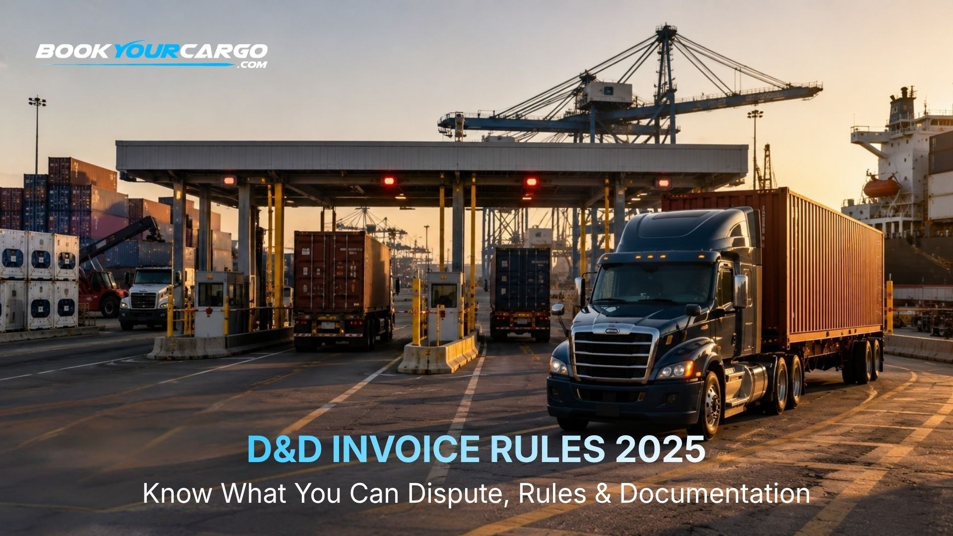 Demurrage and detention invoice review with moving drayage trucks, terminal dwell, empty container returns, appointment records, invoice timing, FMC 30-day requirements, dispute documentation, and container charge prevention.