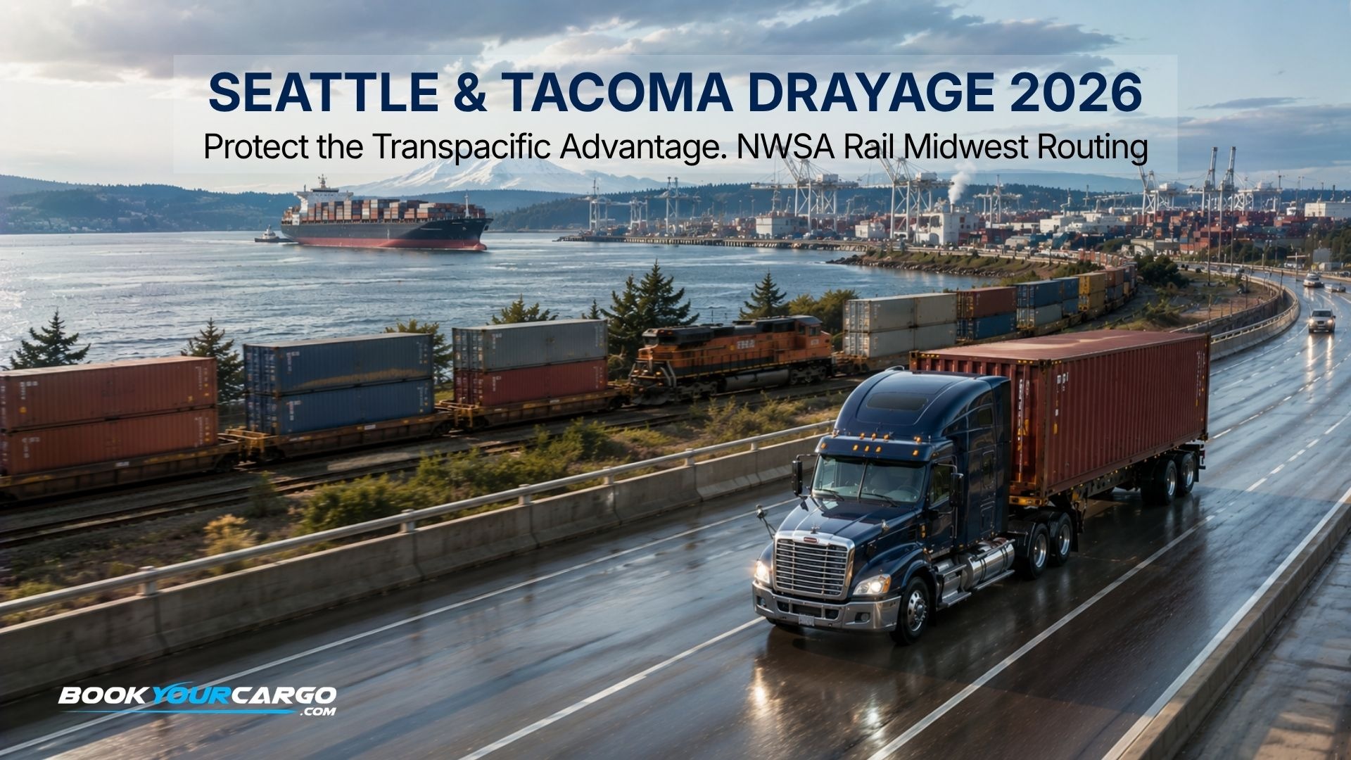 Northwest Seaport Alliance drayage operation with moving container trucks across Seattle and Tacoma terminals, Puget Sound harbor infrastructure, intermodal rail, chassis coordination, and Transpacific cargo routing to the Midwest in 2026.