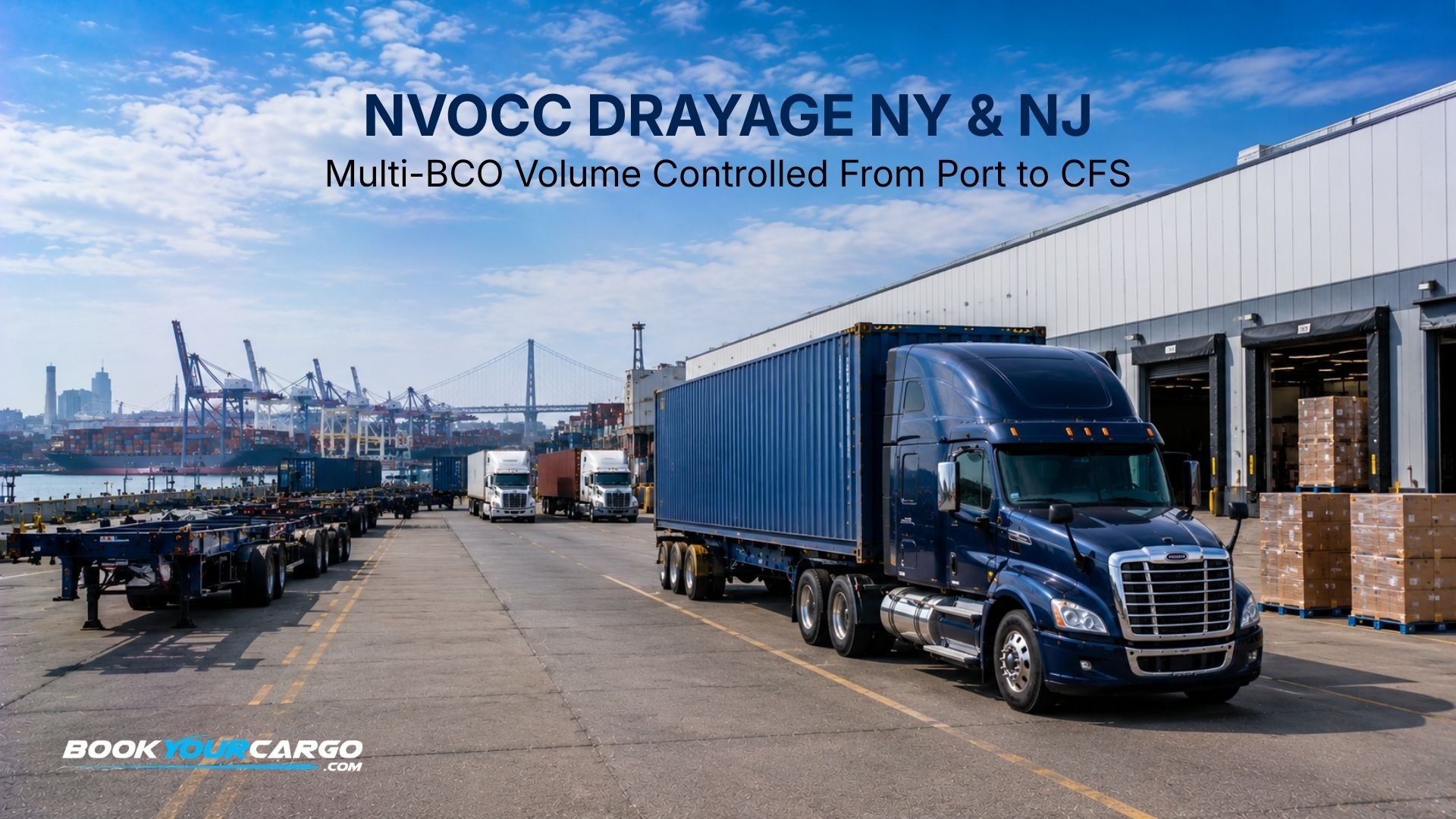 NVOCC drayage at the Port of New York and New Jersey with co-loaded containers, container trucks, CFS deconsolidation, chassis equipment, terminal lanes, and multi-BCO container visibility for predictable 2026 landed cost.