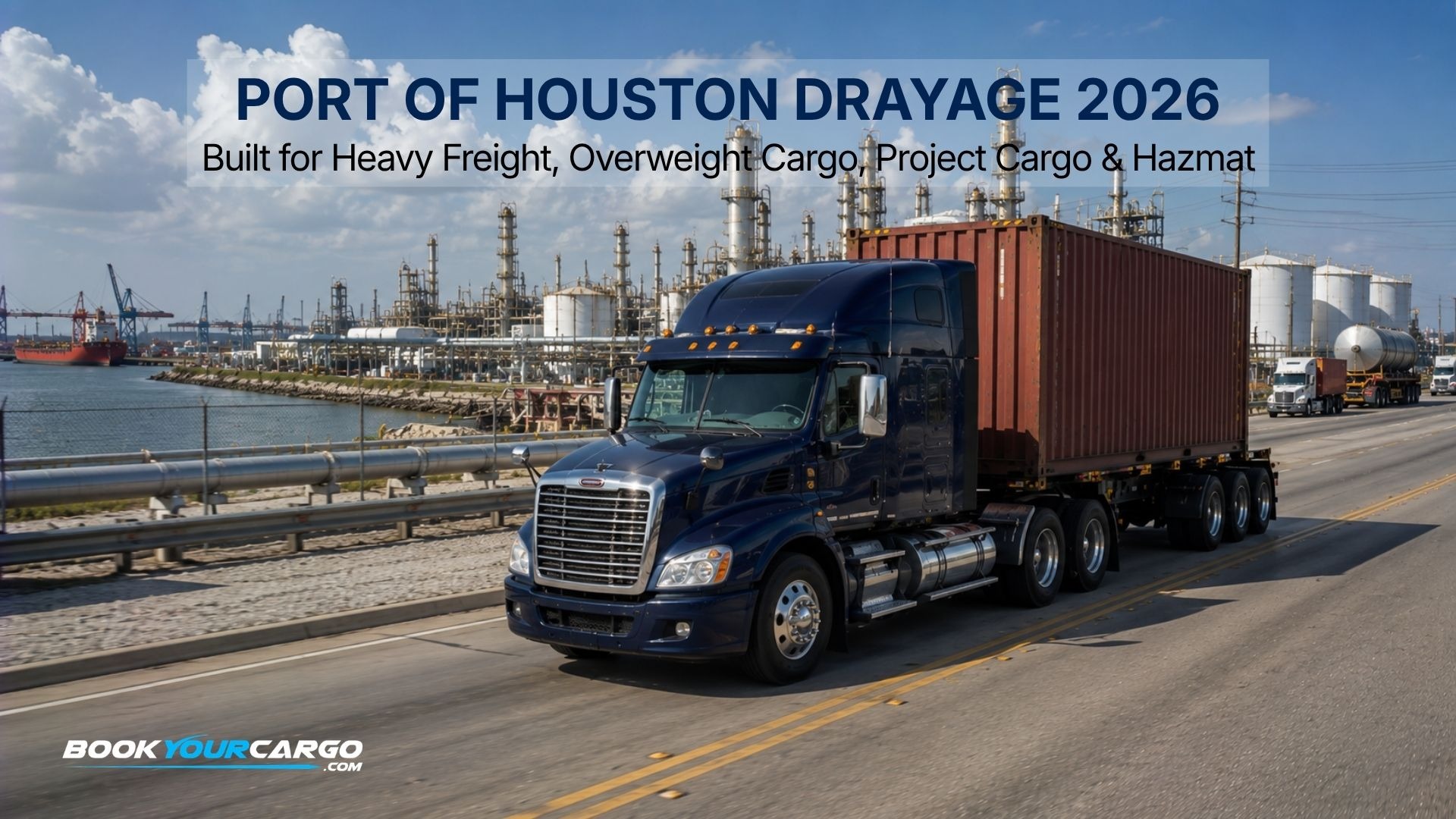 Port of Houston overweight and project cargo drayage with heavy container trucks, tri-axle chassis, petrochemical freight, resin export containers, Barbours Cut, Bayport, and Gulf industrial cargo movement in 2026.