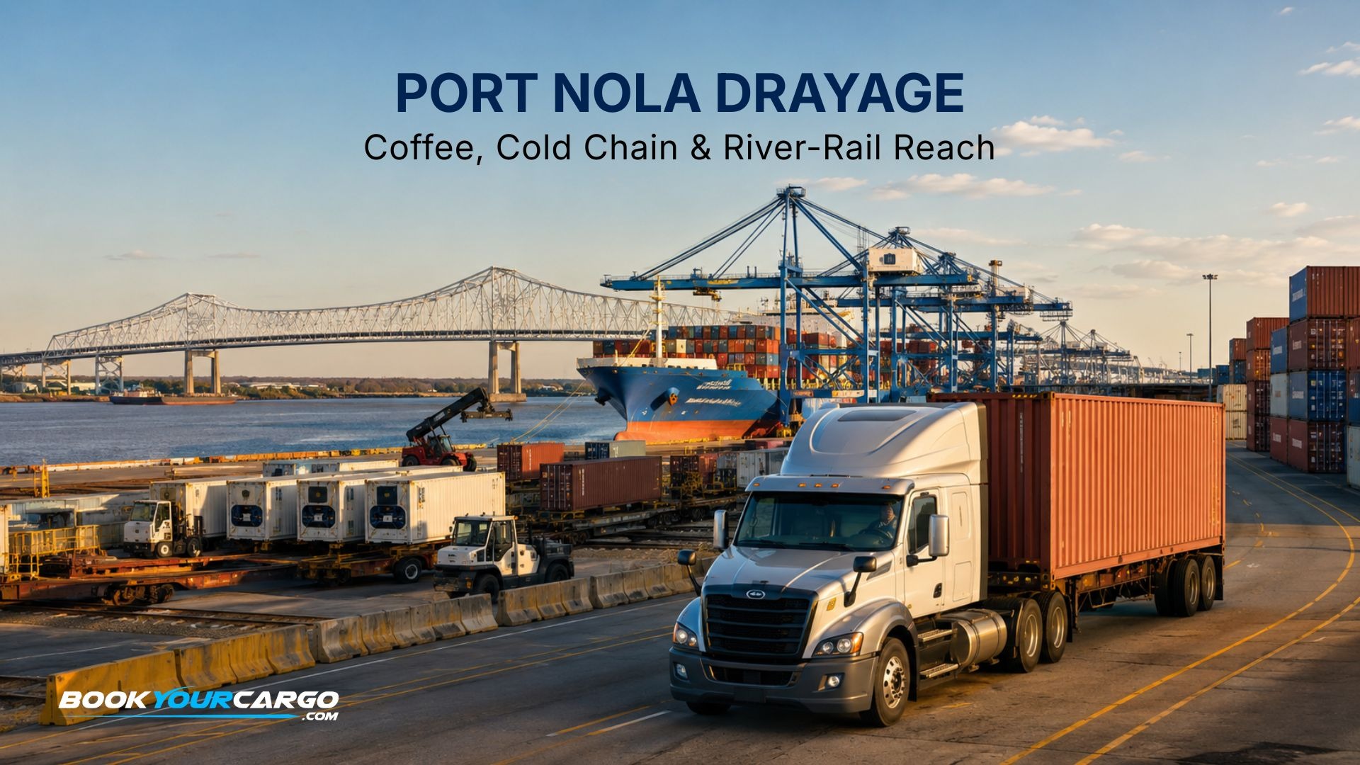 Port of New Orleans drayage with moving container trucks, coffee cargo, refrigerated freight, breakbulk, Napoleon Avenue Container Terminal, six Class I railroads, inland waterway connections, Louisiana International Terminal planning, and Gulf contingency in 2026.