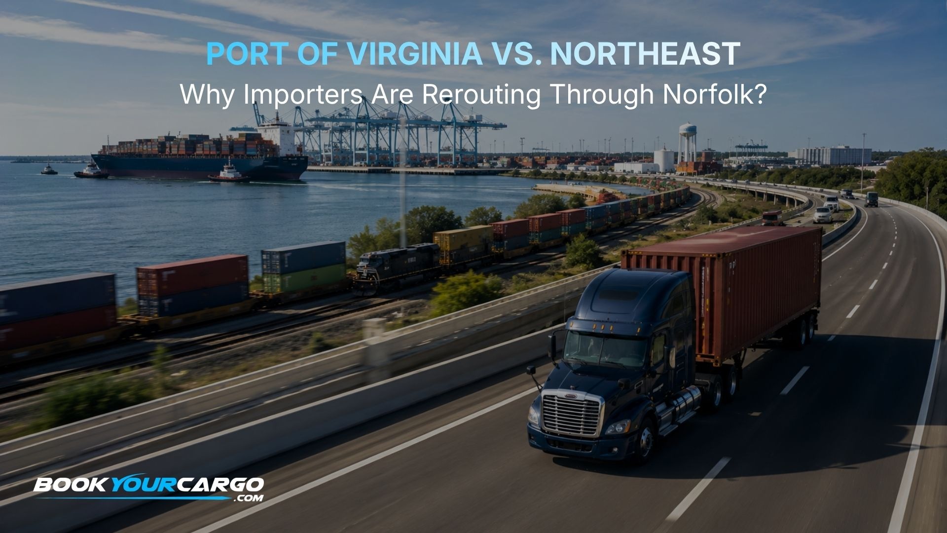 Port of Virginia routing strategy with container trucks, Norfolk International Terminals, Virginia International Gateway, on-dock rail, ship-to-shore cranes, inland distribution routes, and Northeast gateway comparison for 2026 import cargo.