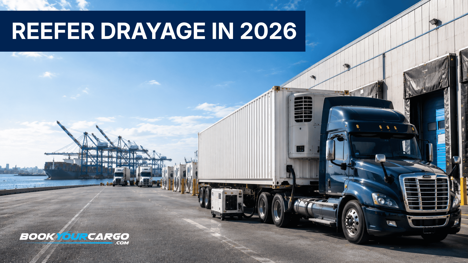 Reefer drayage operation at a North American port with a refrigerated ocean container on chassis, gen-set support, terminal plug infrastructure, and cold chain cargo movement representing temperature control, PTI, FSMA compliance, and cargo protection in 2026.