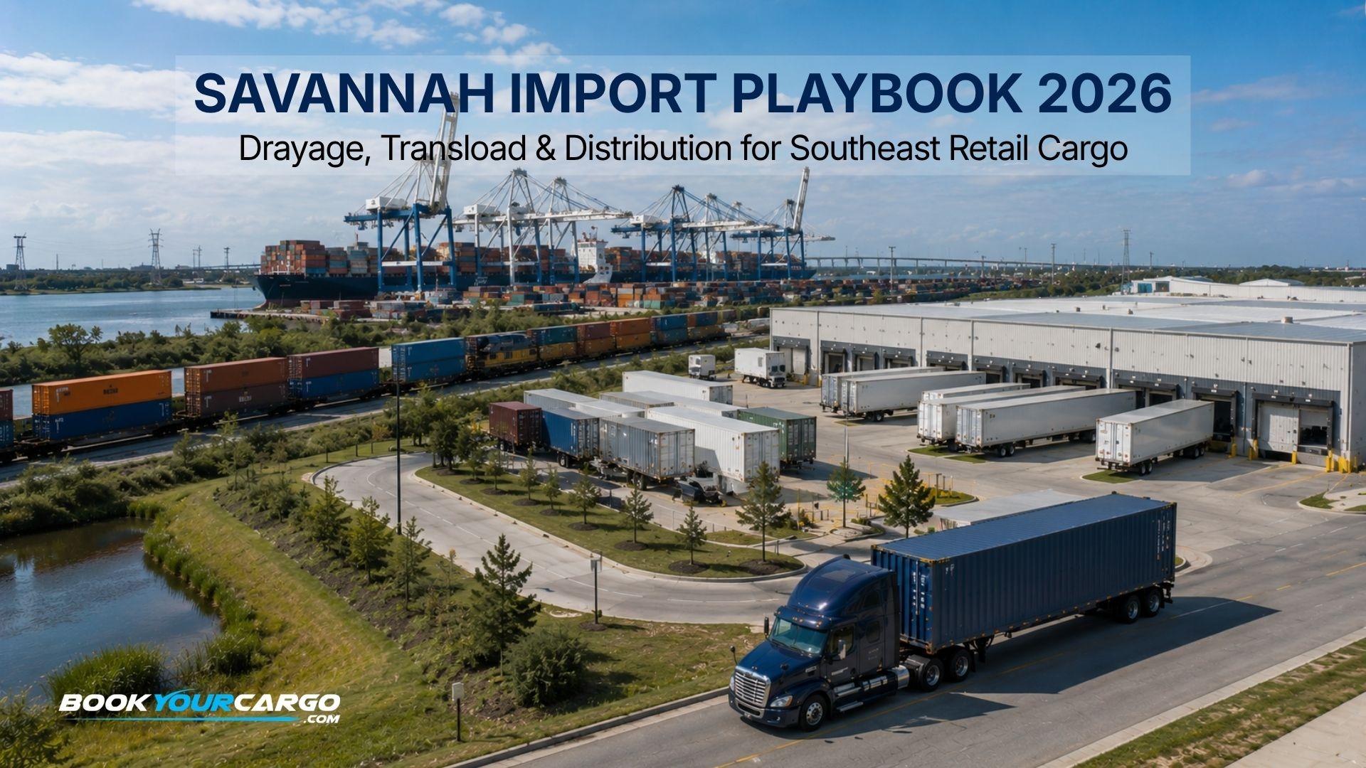 Port of Savannah import drayage operation with container trucks at Garden City Terminal, transload facilities, Mason Mega Rail, retail distribution warehouses, and Southeast-bound cargo movement for 2026.